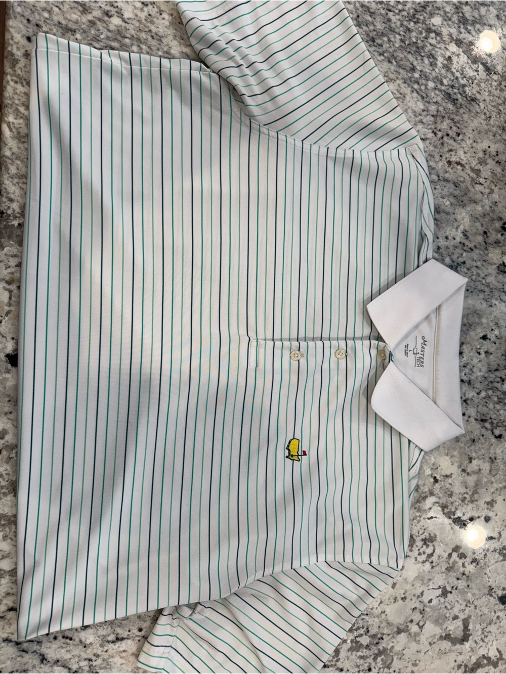 Masters White Polo with Green Stripes and Yellow Logo